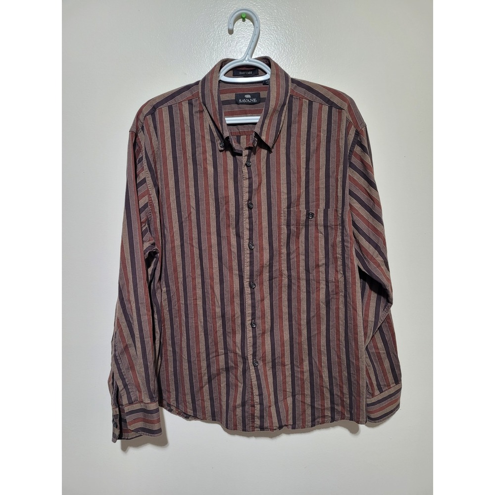 Savane Button Down Shirt Mens Large Brown Striped Easy‎ Care Stretch